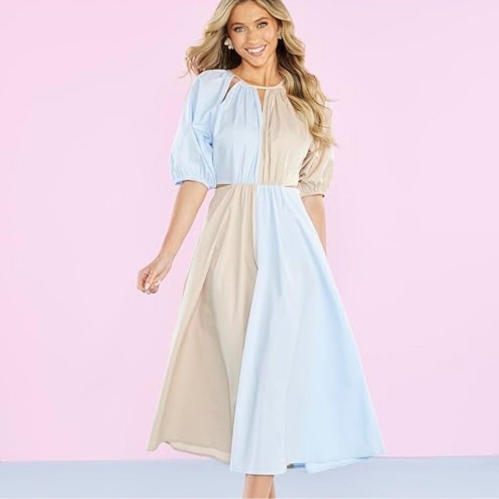 Mud Pie Hutton Two-Tone Cut Out Midi Dress in Blue and Tan Sz L NWT - Picture 2 of 12